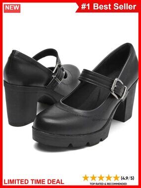 Mary Jane Chunky Low Block Heel Round Toe Pump